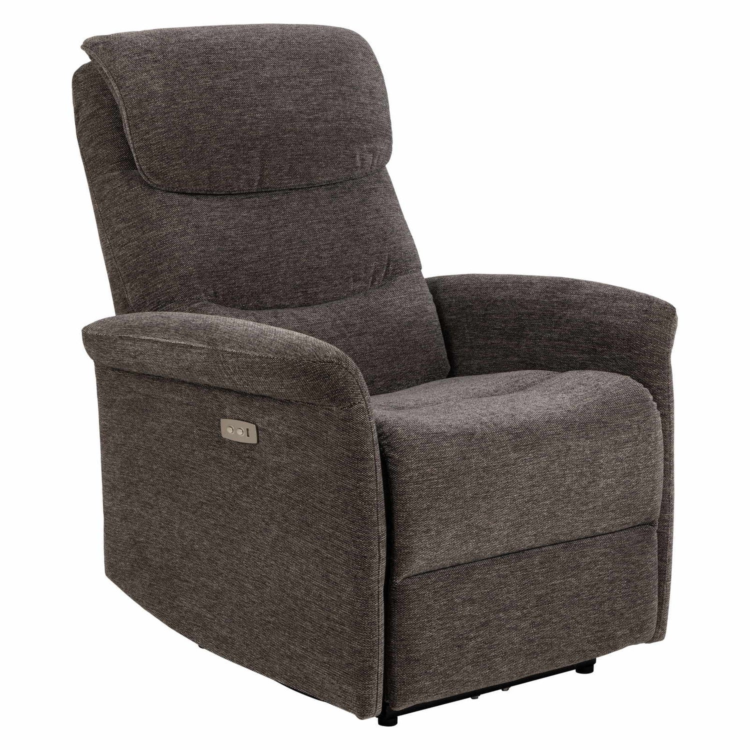 Sähköinen Sanderson recliner-nojatuoli, tummanharmaa kangasverhoilu.