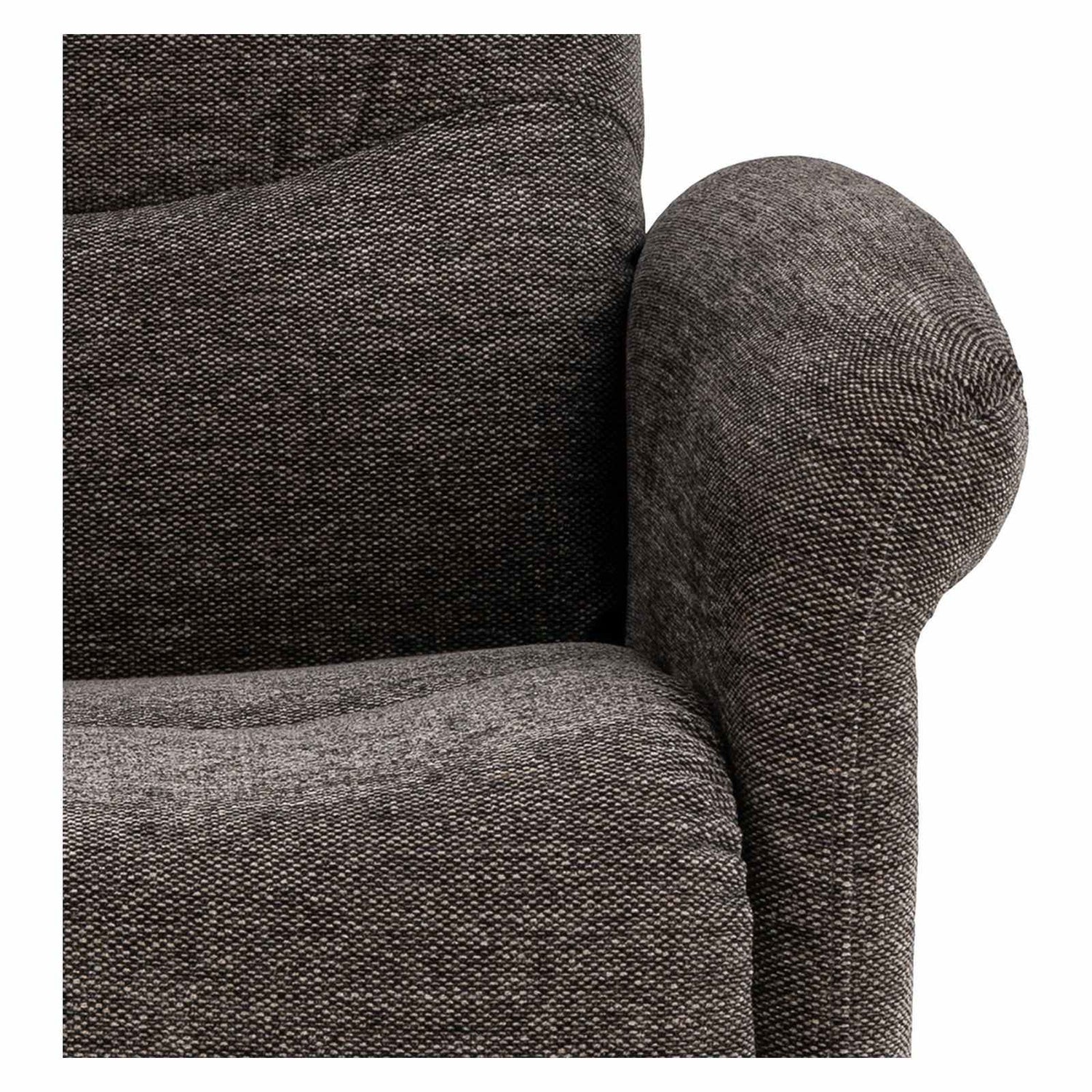 Lähikuvassa sähköinen Sanderson recliner-nojatuoli, tummanharmaa kangasverhoilu.