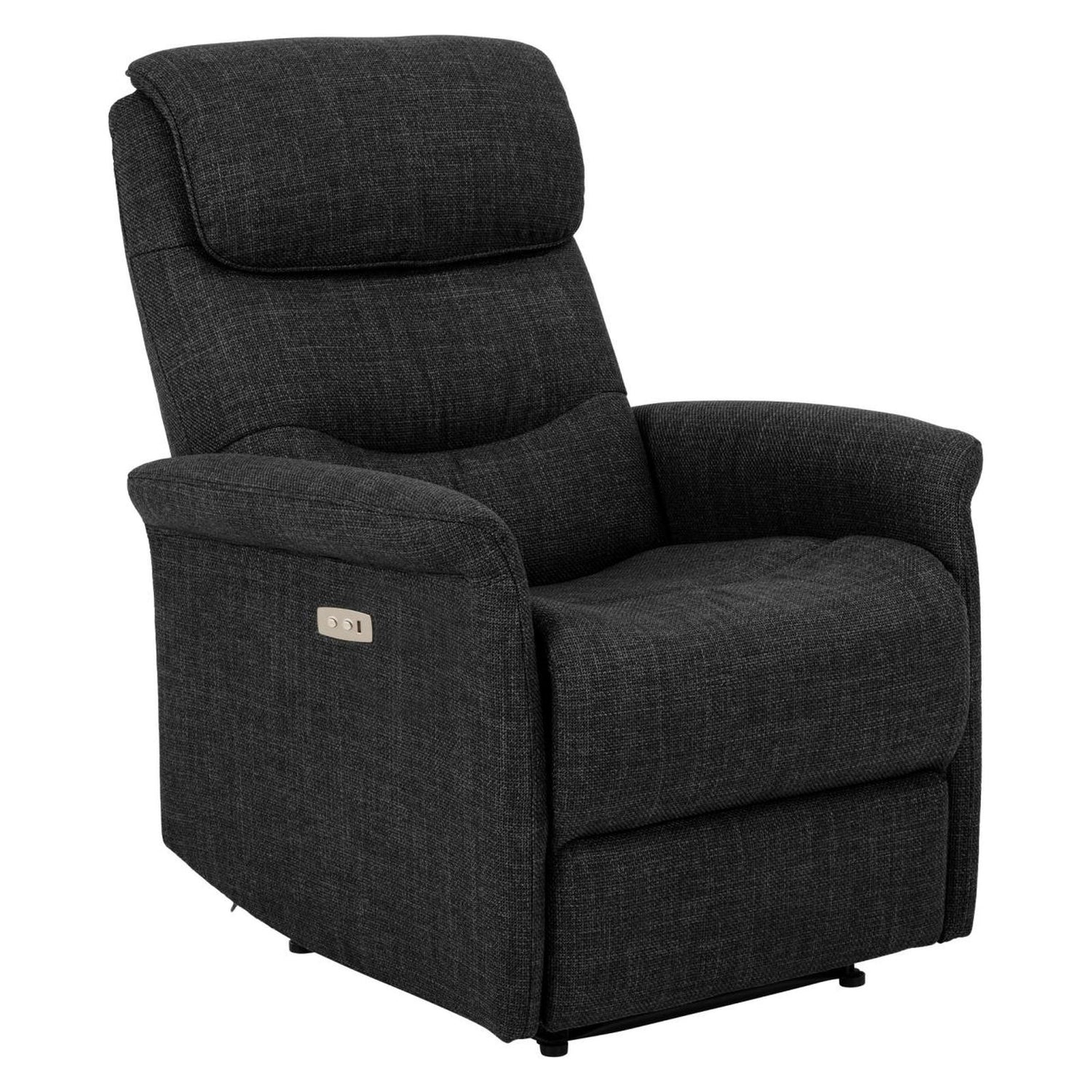 Sähköinen Sanderson recliner-nojatuoli, tummanharmaa kangasverhoilu.