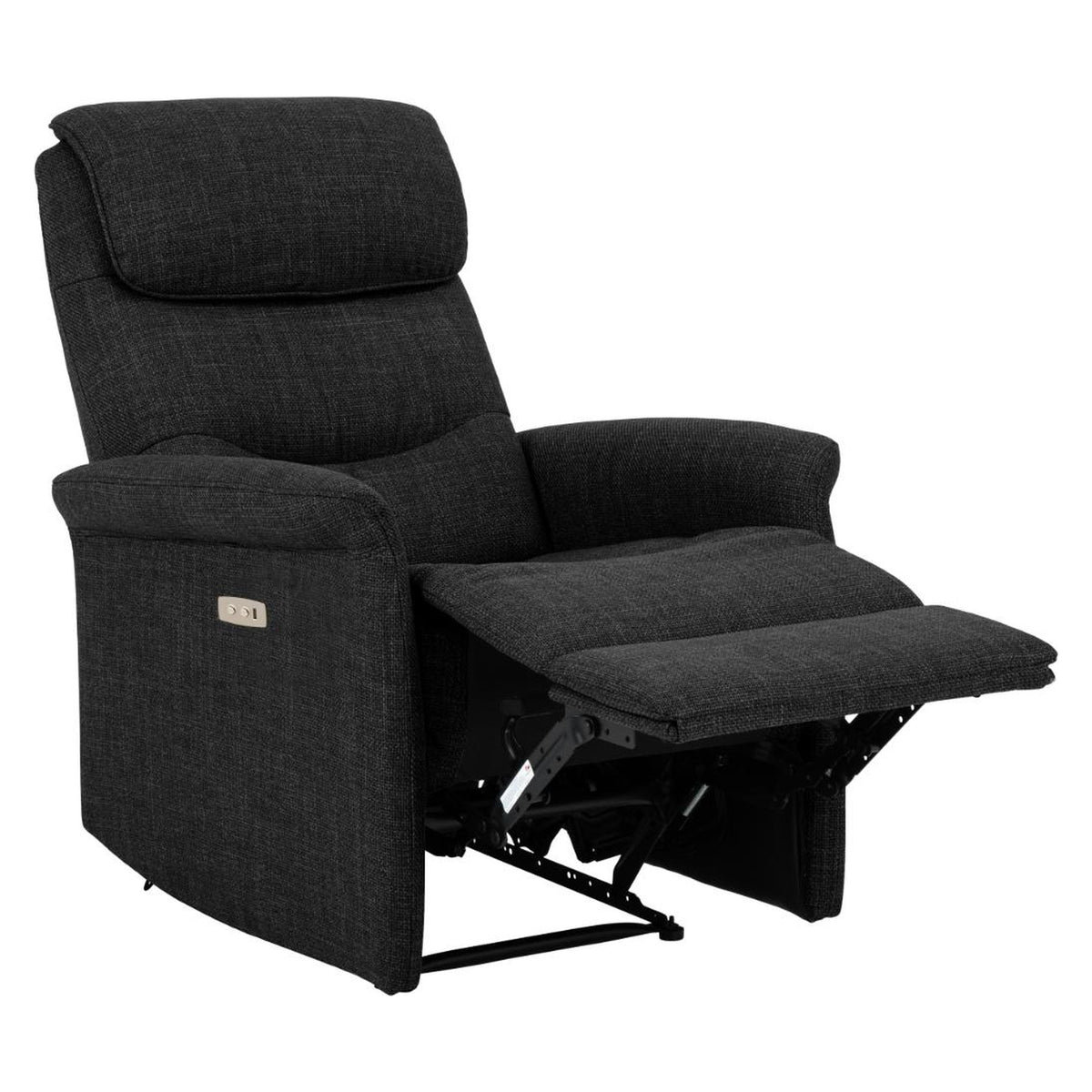 Kuvassa on sähköinen Sanderson recliner-nojatuoli, tummanharmaalla kangasverhoilulla. Mekanismituolin jalkaosa on nostettuna.