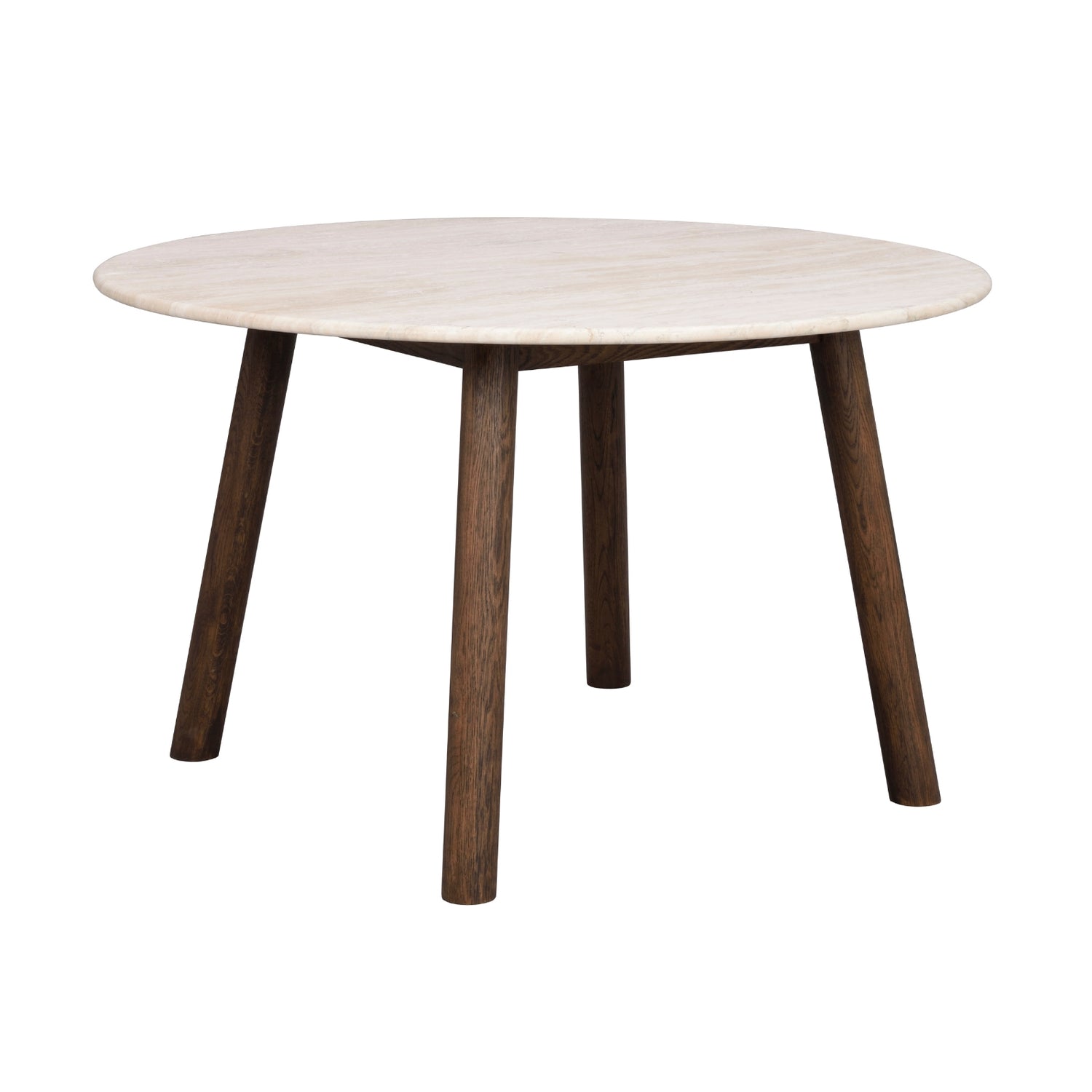 Savutammenvärinen Taransay-ruokapöytä 125 cm. Pöytätaso on travertiinikiveä ja jalat FSC-sertifioitua tammea.