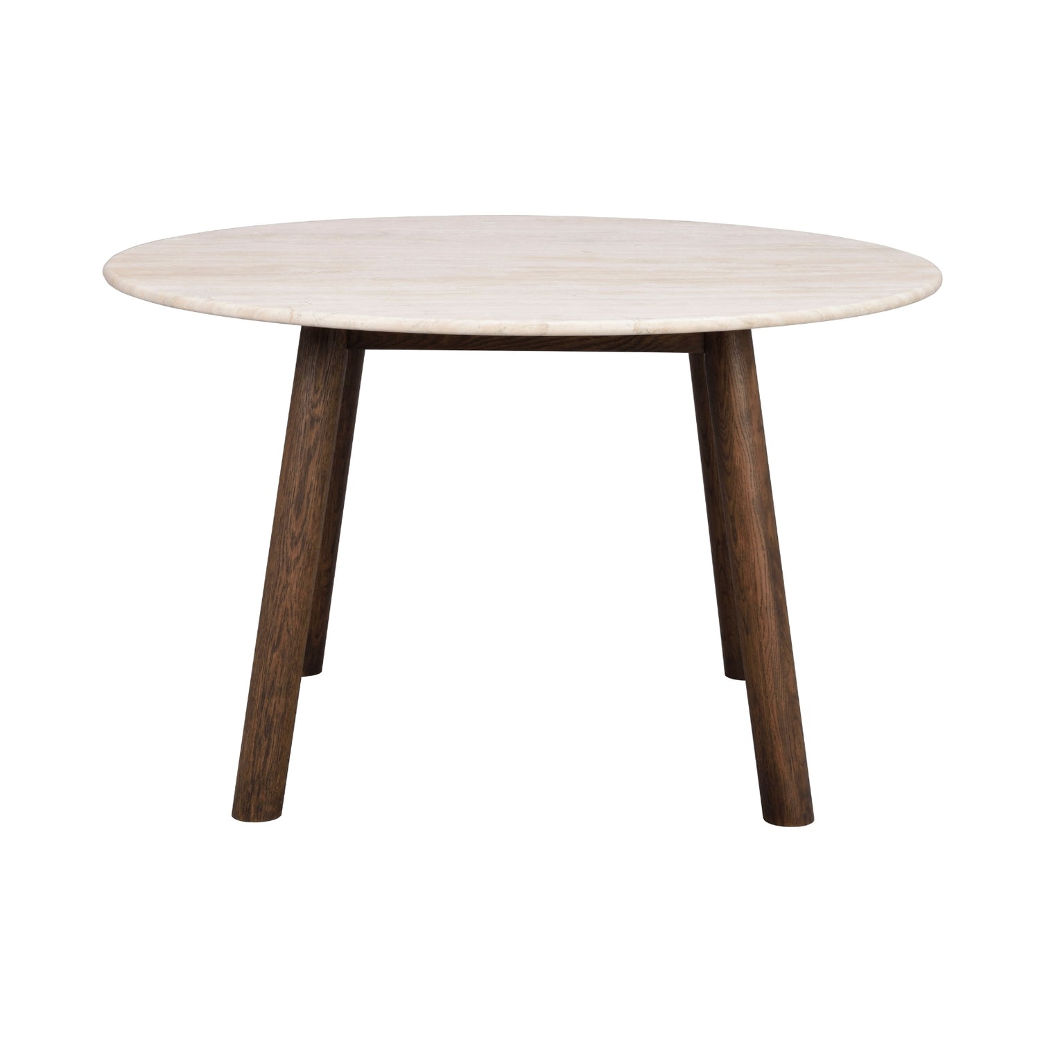 Savutammenvärinen Taransay-ruokapöytä 125 cm. Pöytätaso on travertiinikiveä ja jalat FSC-sertifioitua tammea.