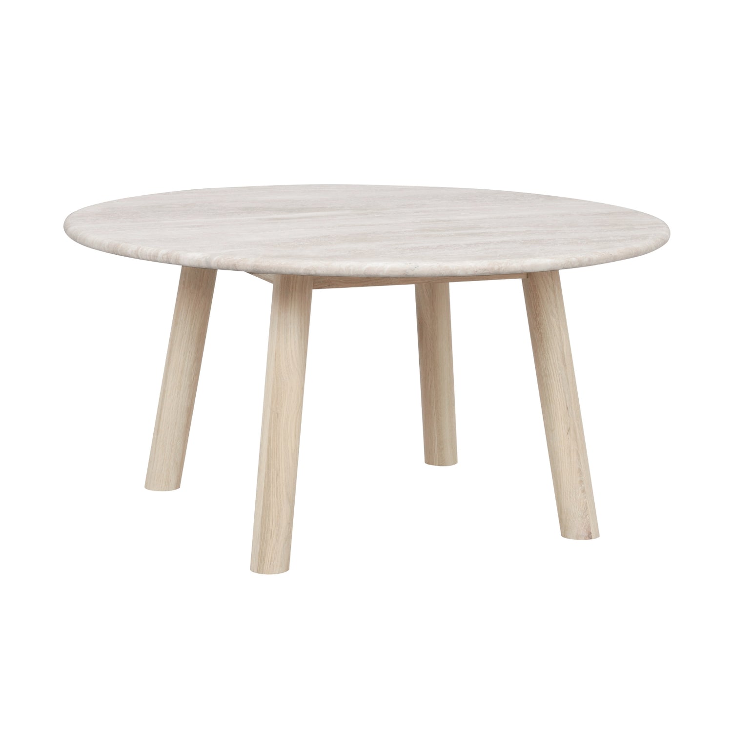 Valkotammenvärinen Taransay-sohvapöytä 90 cm. Pöytätaso on travertiinikiveä ja jalat FSC-sertifioitua tammea.