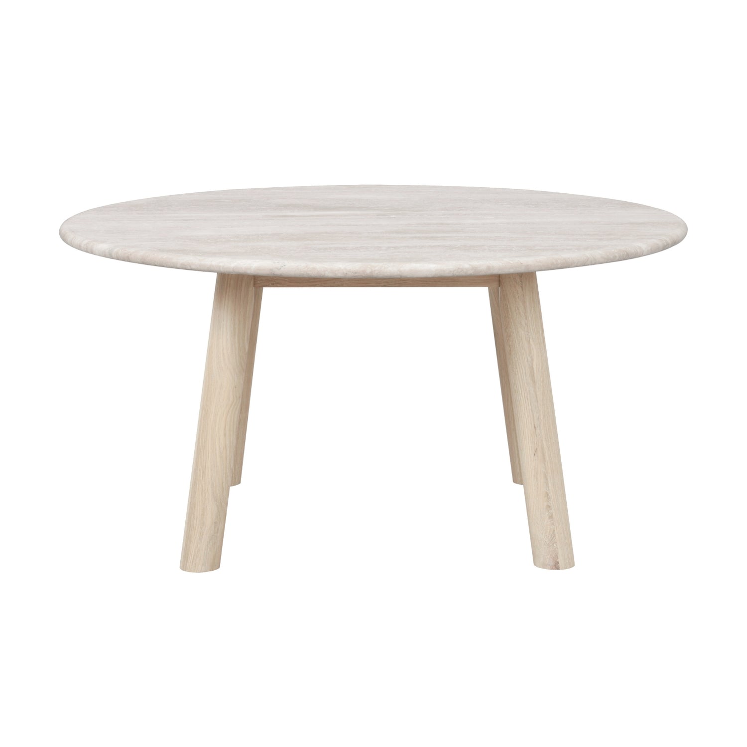 Valkotammenvärinen Taransay-sohvapöytä 90 cm. Pöytätaso on travertiinikiveä ja jalat lakattua massiivitammea.