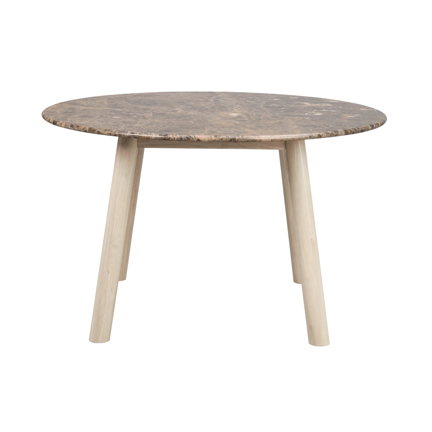 Valkotammenvärinen Taransay-ruokapöytä 125 cm marmorikannella. Jalat ovat FSC-sertifioitua massiivitammea.