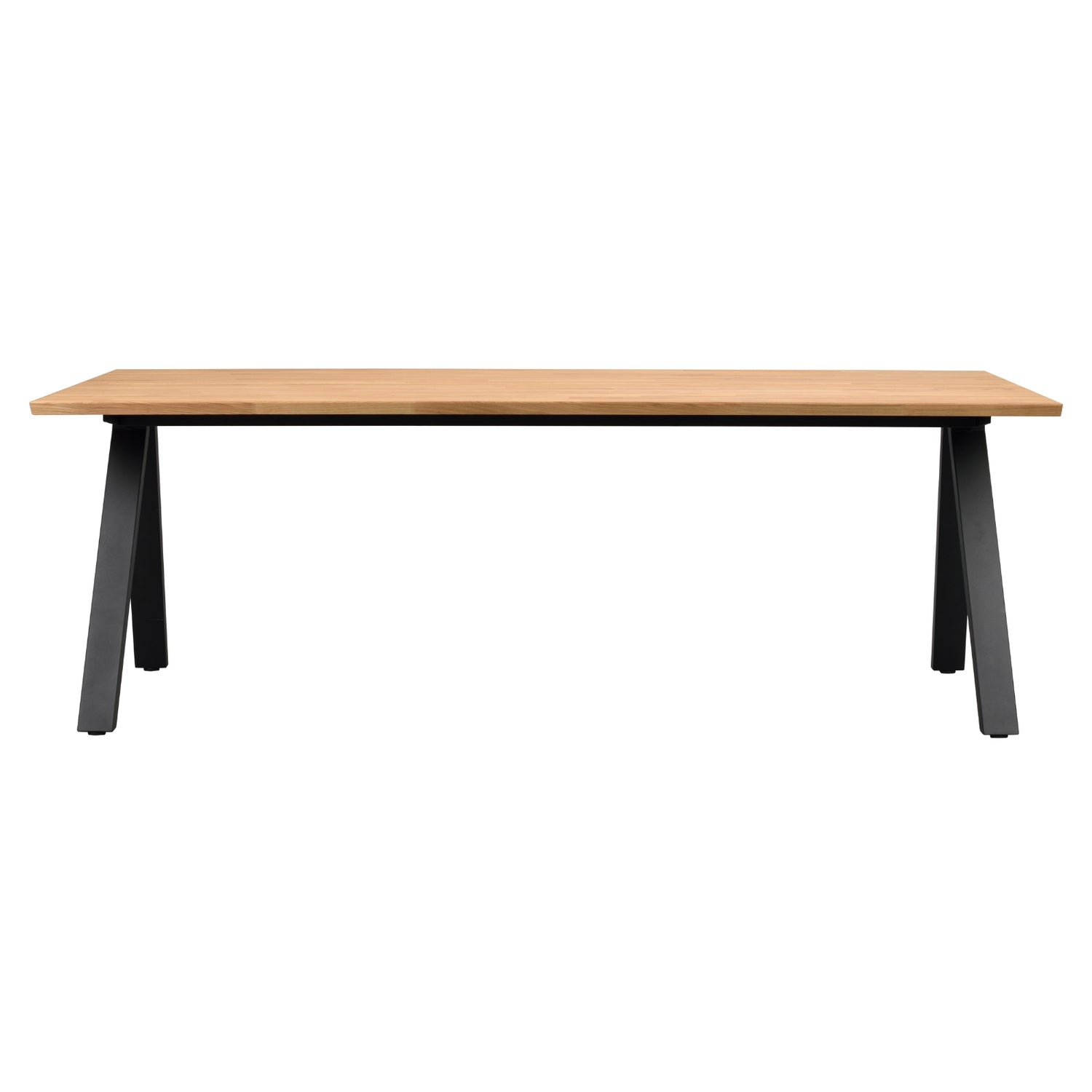 Carradale-ruokapöytä tammenvärisellä kannella ja mustilla V-mallisilla metallijaloilla.