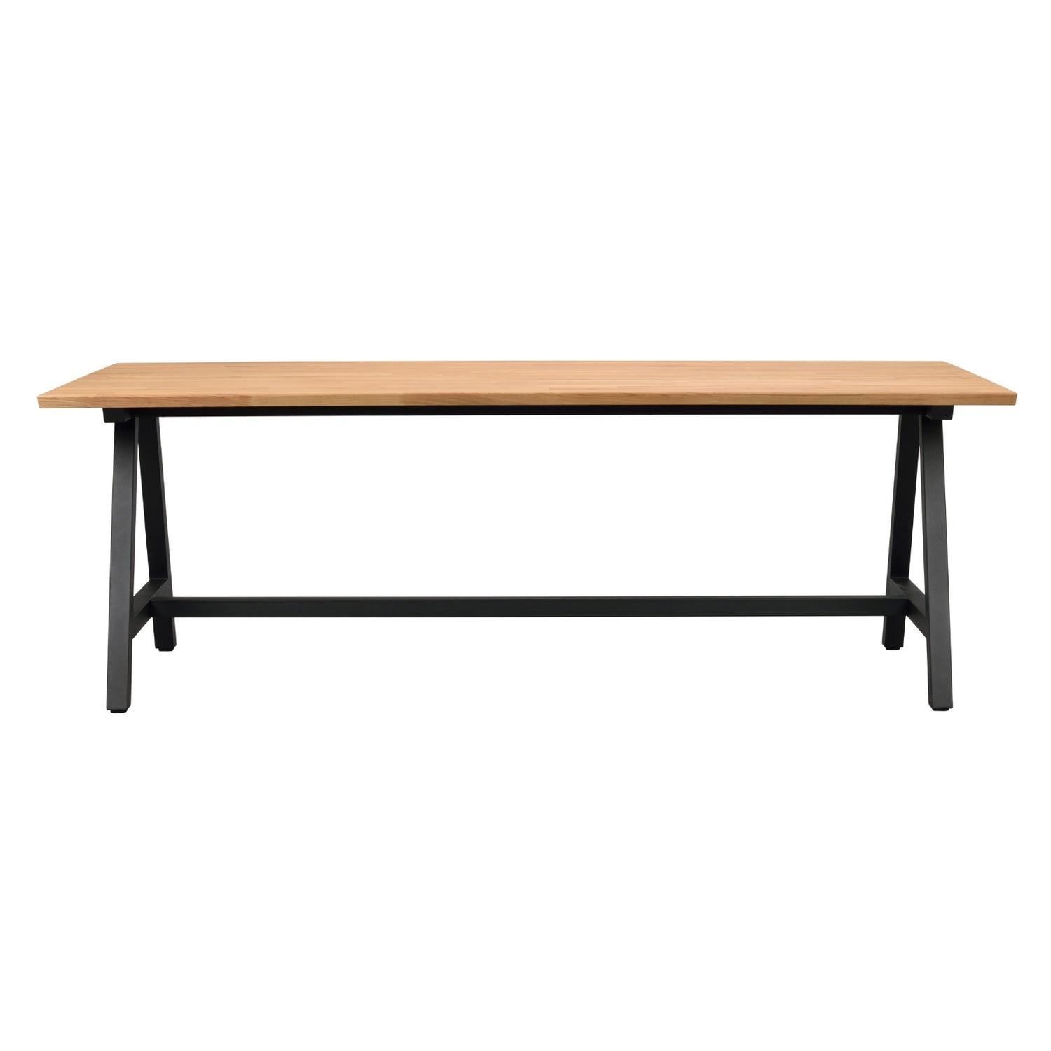 Carradale-ruokapöytä tammenvärisellä kannella ja mustilla A-mallisilla metallijaloilla.