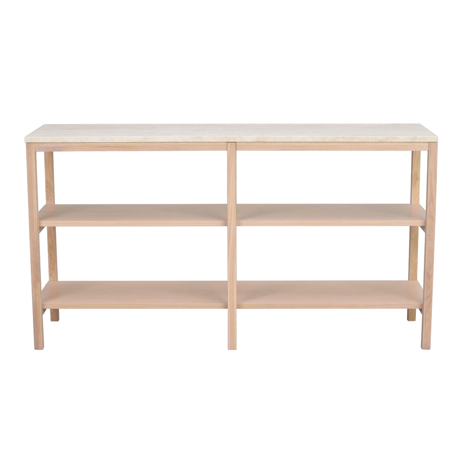 Valkotammenvärinen Orwel-konsolipöytä 140 x 40 cm. 3-tasoinen konsolipöytä tarjoaa tilaa vaikkapa koriste-esineille.