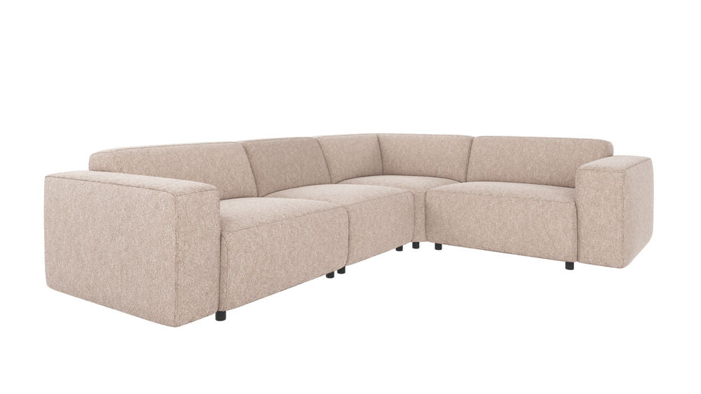 Willard-kulmasohva 3+2 vaaleanbeigellä Alice 01 -kankaalla ja mustilla muovijaloilla.