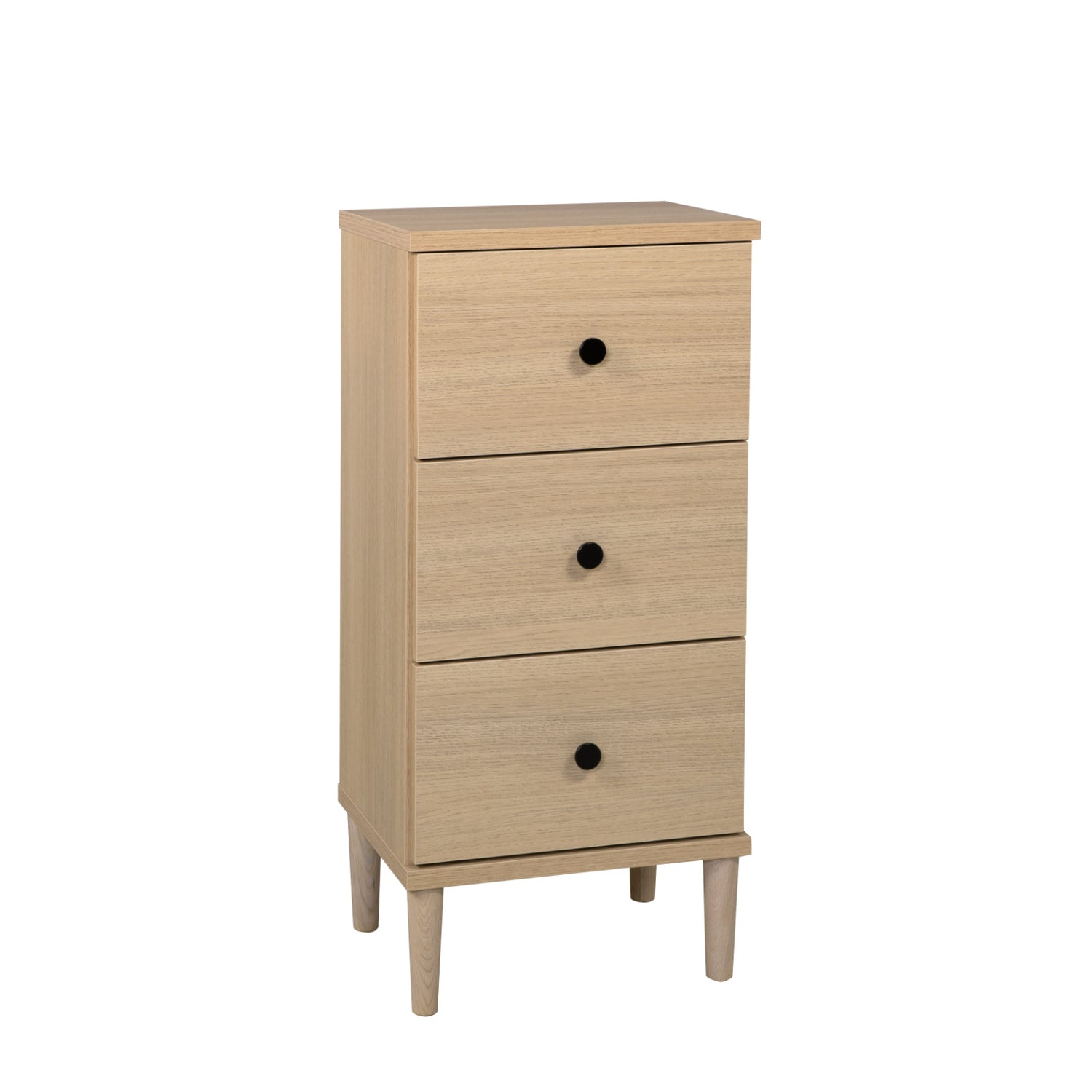 Tuomi-laatikosto, hiekkatammenvärinen mustilla vetimillä ja tammenvärisillä jaloilla.