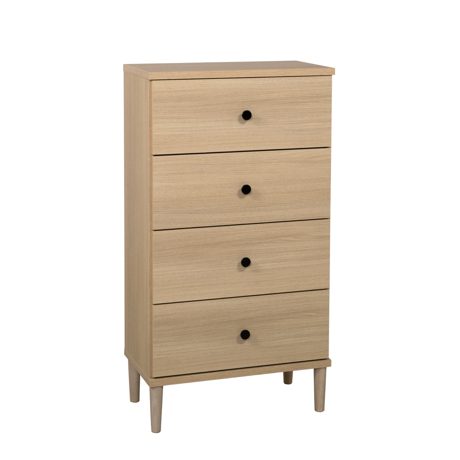 Tuomi-laatikosto, hiekkatammenvärinen mustilla vetimillä ja tammenvärisillä jaloilla.