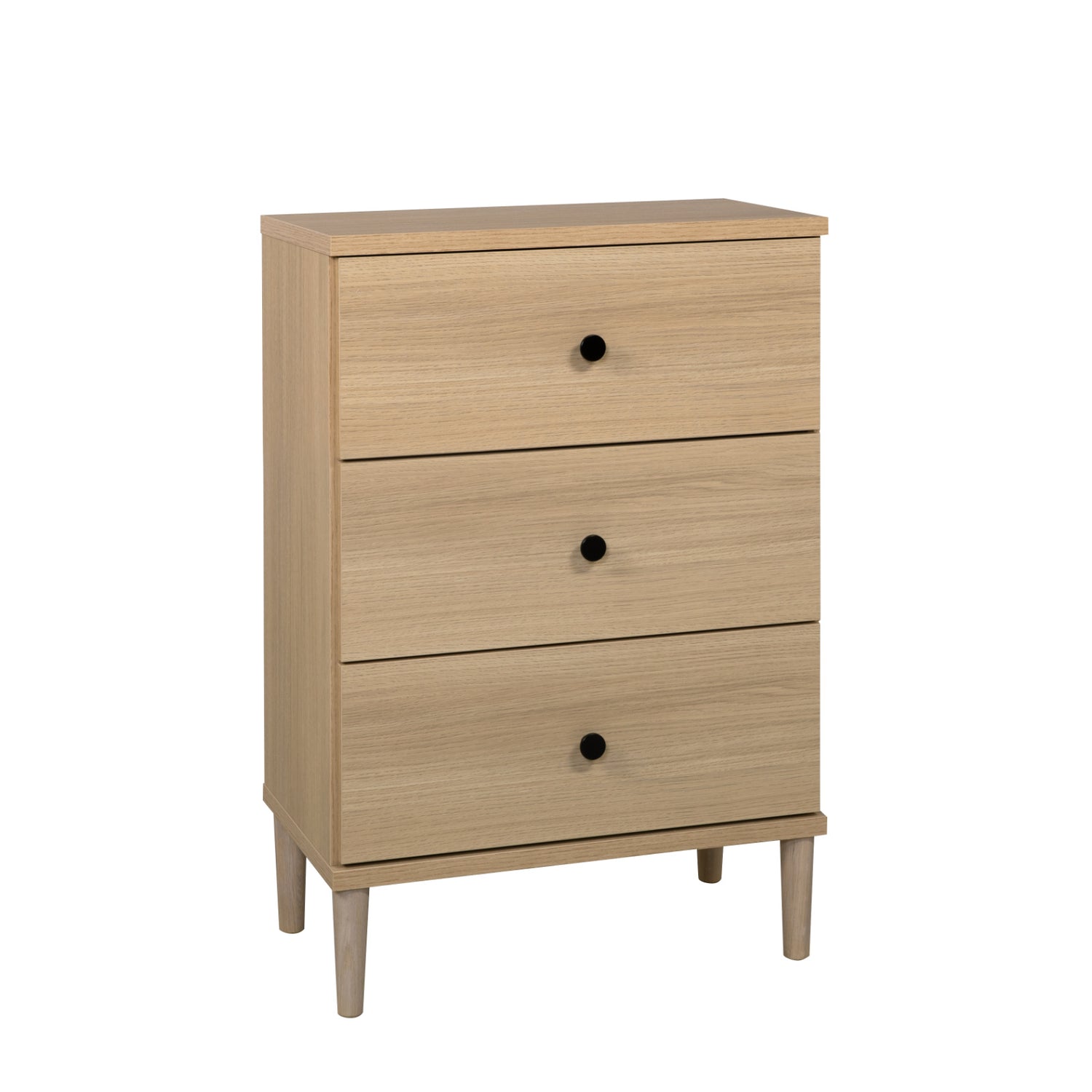 Tuomi-laatikosto, hiekkatammenvärinen mustilla vetimillä ja tammenvärisillä jaloilla.