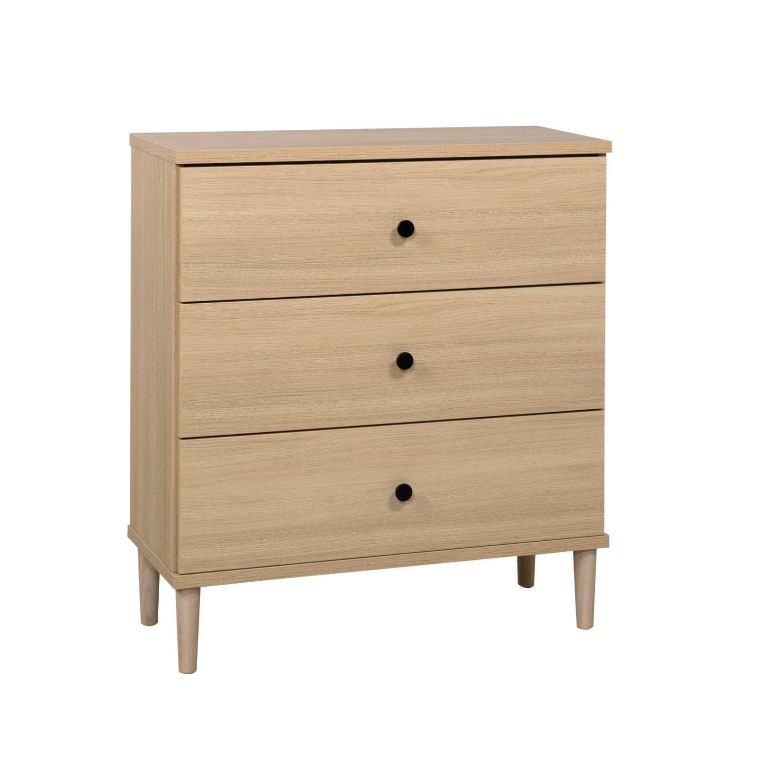 Tuomi-laatikosto, hiekkatammenvärinen mustilla vetimillä ja tammenvärisillä jaloilla.