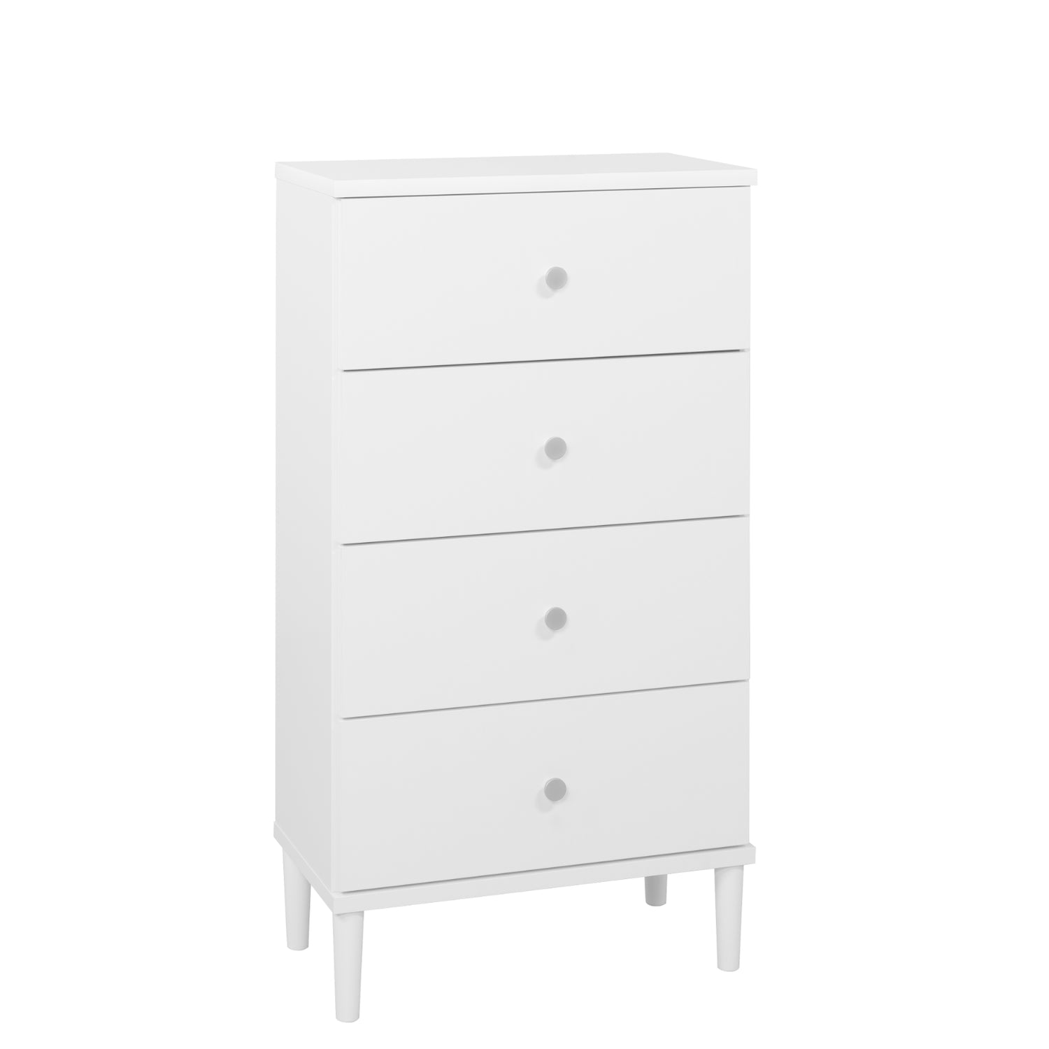 Tuomi-laatikosto, valkoinen alumiininvärisillä vetimillä.