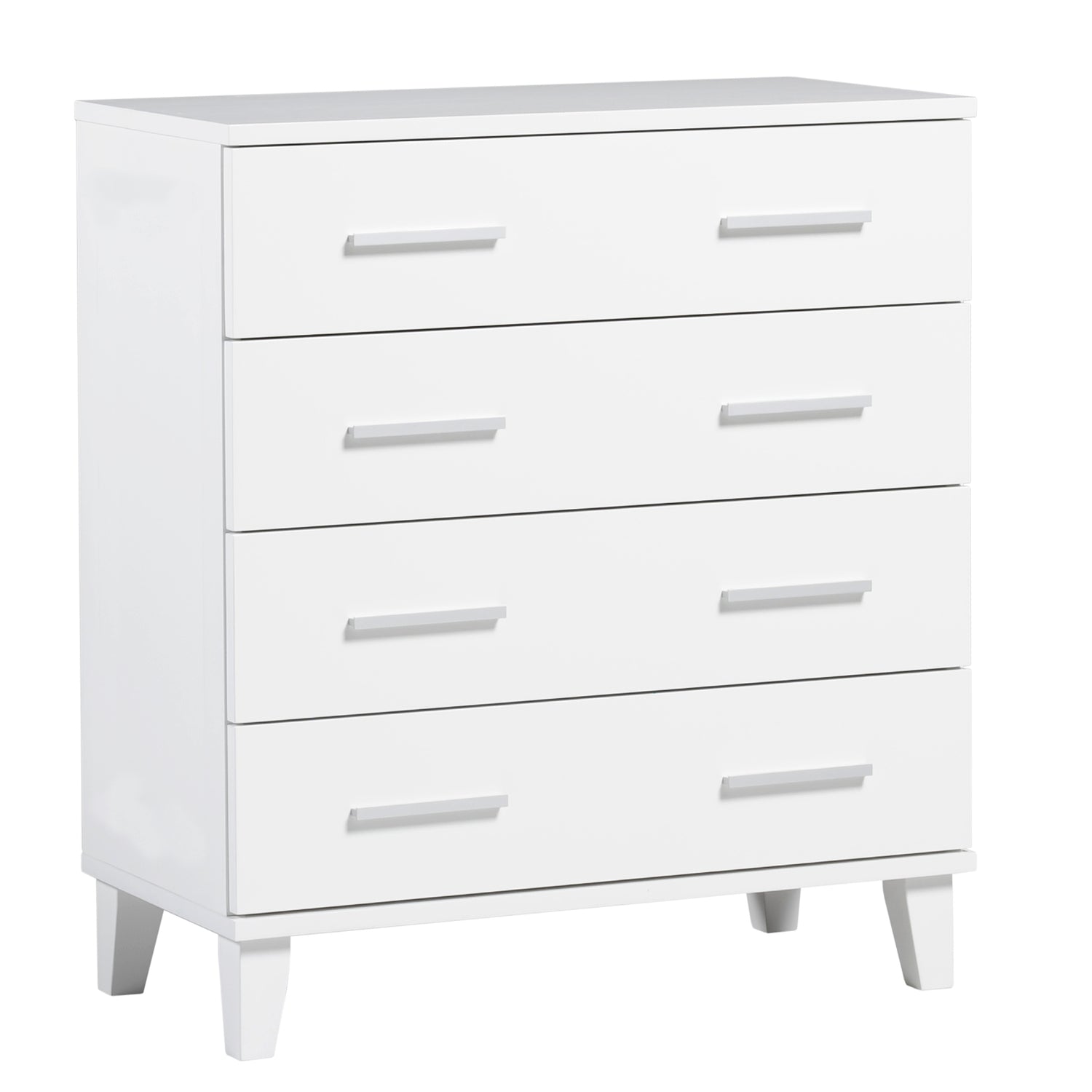 Leveän mallinen Vuokatti-lipasto, väri valkoinen. Lipastossa on pitkänmalliset vetimet ja puujalat.