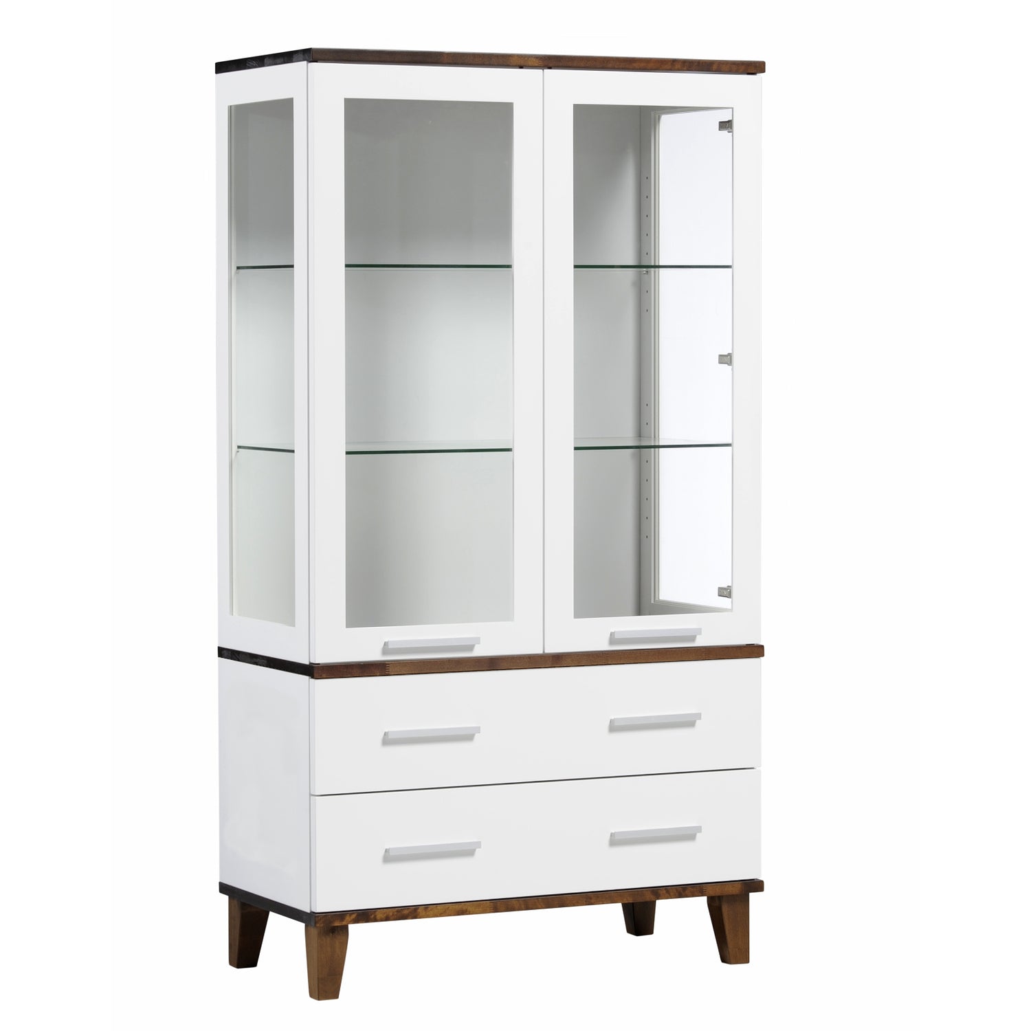 Valkoinen Vuokatti-vitriini, tumman pähkinänvärisillä kansiosilla ja jalkaosalla. Vitriinissä on lasikaappi lasihyllyillä, alaosan isot laatikot, sekä pitkänmalliset vetimet.