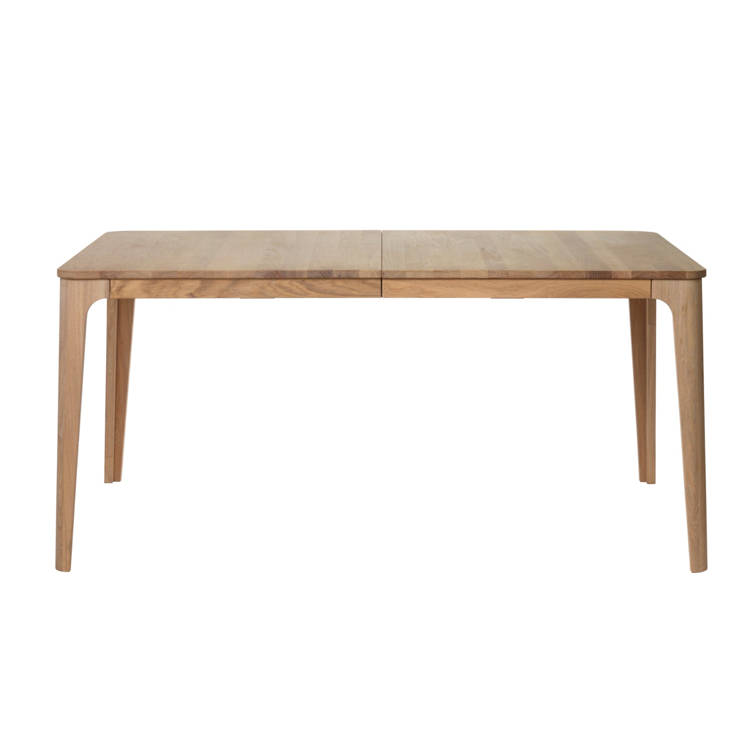 Amalfi-ruokapöytä 160 x 90 cm, valkopigmentoitu tammi. Pöydän mukana on 50 cm jatkolevy pöydän jatkamiseksi (210 x 90 cm).
