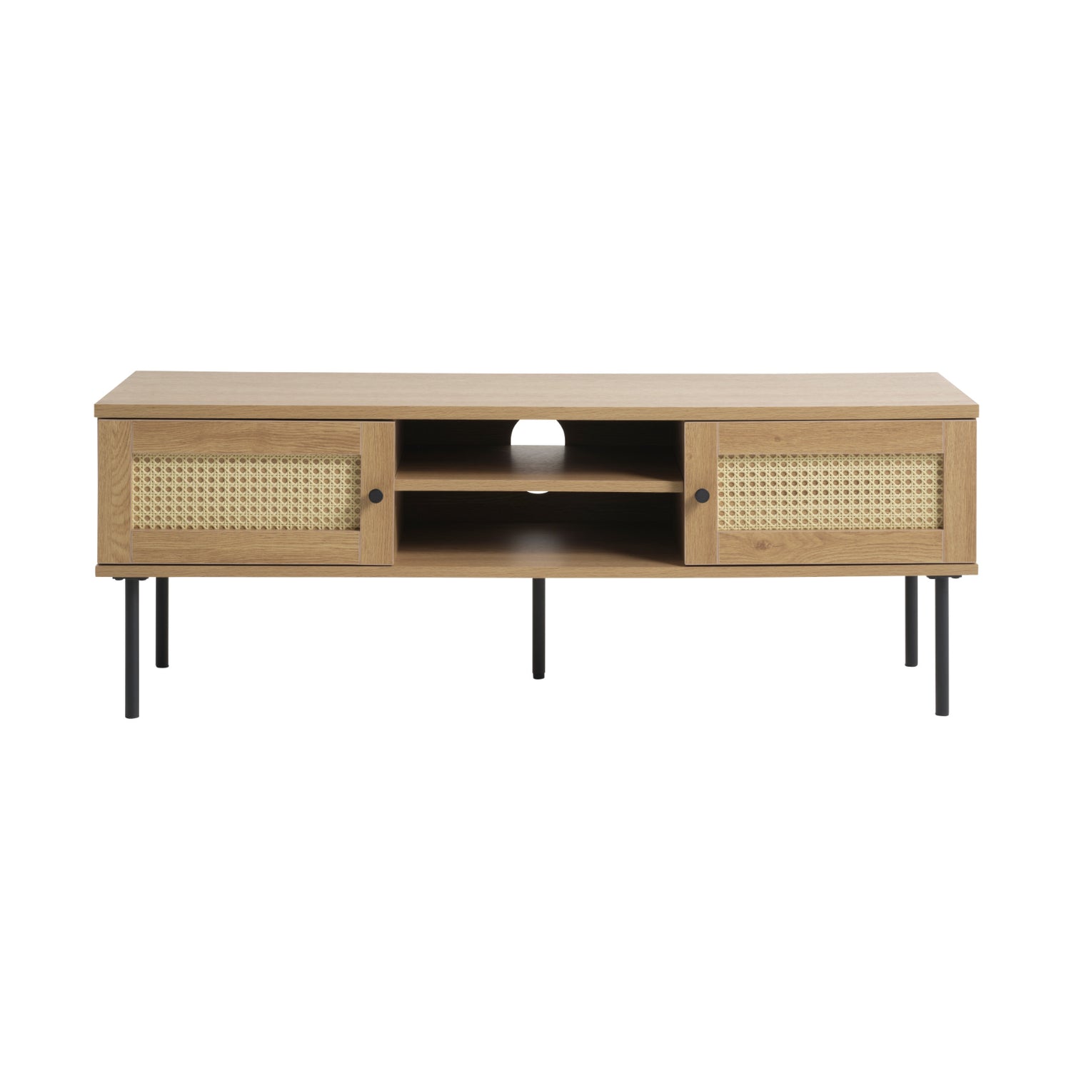 Pensacola-tv-taso, luonnonvärinen tammi. Tason ovissa on yksityiskohtana polyrottinki. Mustat metallijalat.