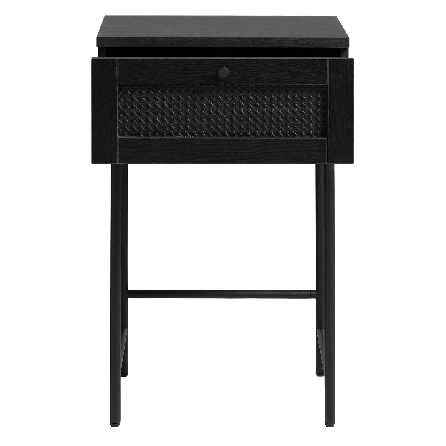 Pensacola-yöpöytä/sivutaso musta. Pikkutason laatikon
etulevyssä on yksityiskohtana polyrottinki. Mustat metallijalat.