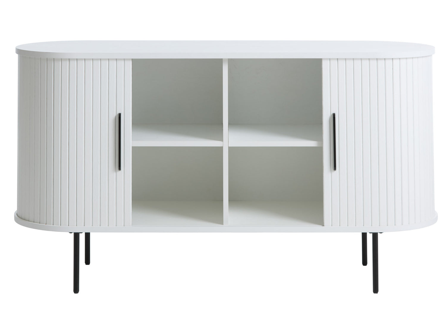 Nola-senkki valkoisena. Liukuovissa on mustat metalliset vetimet ja mustat metallijalat ovat säädettävät.