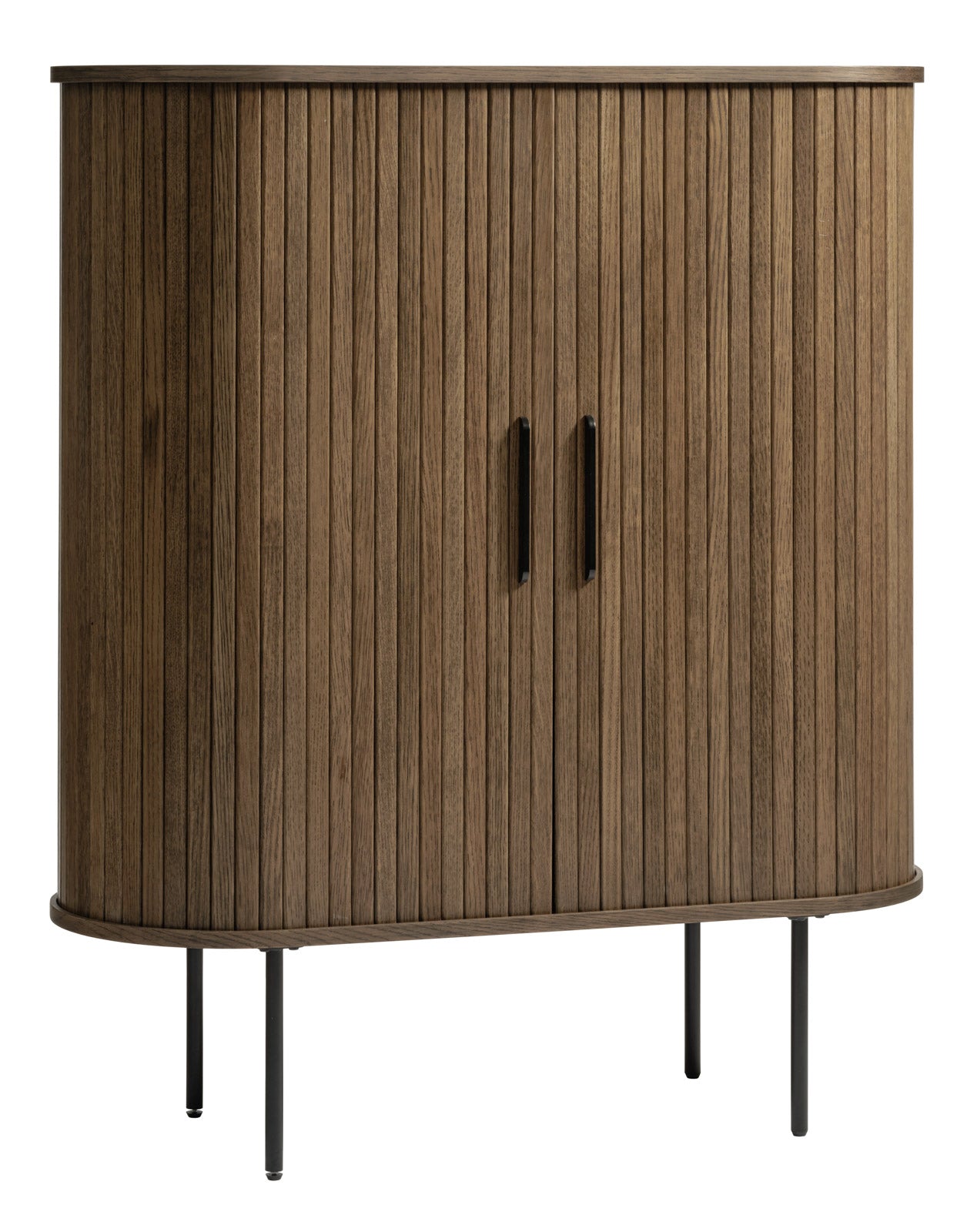 Nola-kaappi/senkki savutammenvärisenä. Liukuovissa on mustat metalliset vetimet ja mustat metallijalat ovat säädettävät.