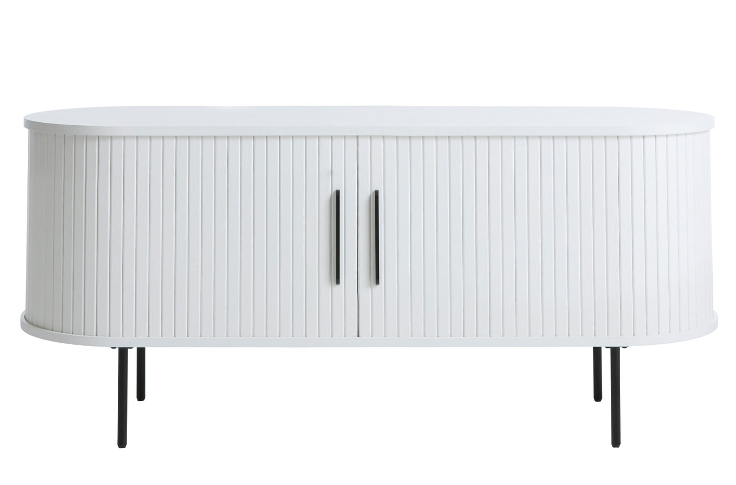 Ovaalinmuotoinen Nola-tv-taso 120 cm, valkoinen. Tasossa on mustat metalliset vetimet liukuovissa ja mustat säädettävät metallijalat.