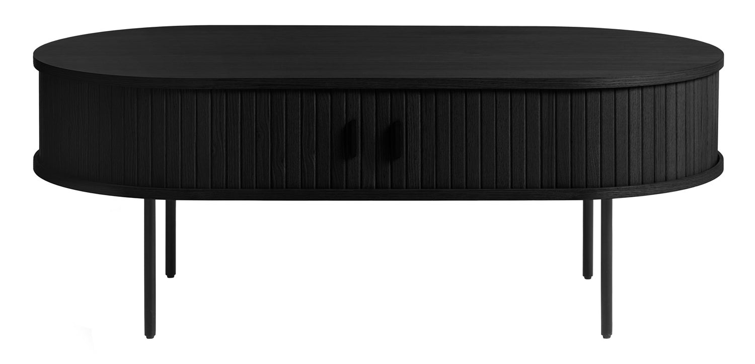 Ovaalinmuotoinen Nola-sohvapöytä 60 x 120 cm, musta. Liukuovissa on mustat metalliset vetimet ja mustat metallijalat ovat säädettävät.