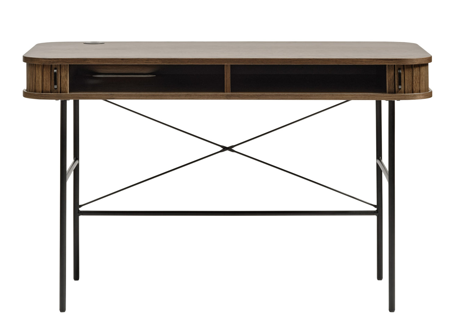 Nola-työpöytä savutammenvärisenä. Liukuovissa on mustat metalliset vetimet ja mustat metallijalat ovat säädettävät. Säilytystila on jaettu väliseinällä.