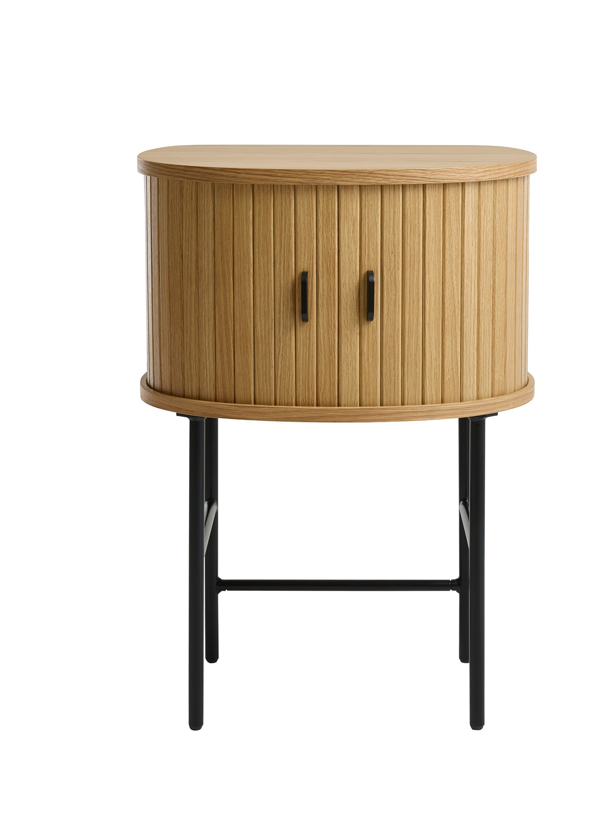 Nola-yöpöytä tammenvärisenä. Tasossa on mustat metalliset vetimet ja säädettävät metallijalat ovat mustat.