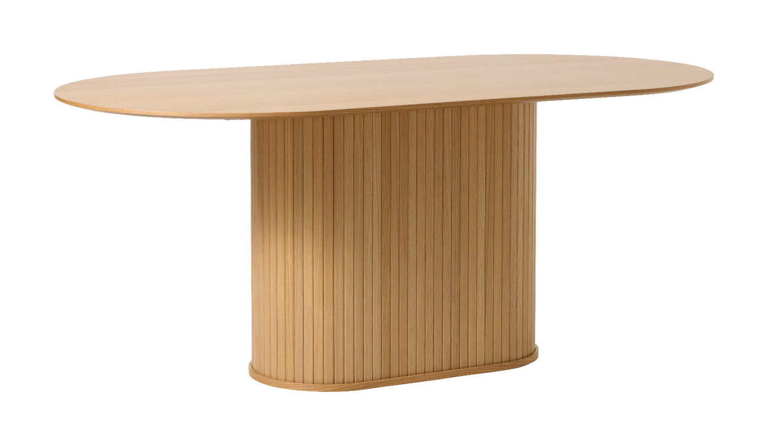 Nola-ruokapöytä, luonnonvärinen tammi. Ruokapöydässä on jykevä jalka, johon panelointi on tuomassa ilmettä.