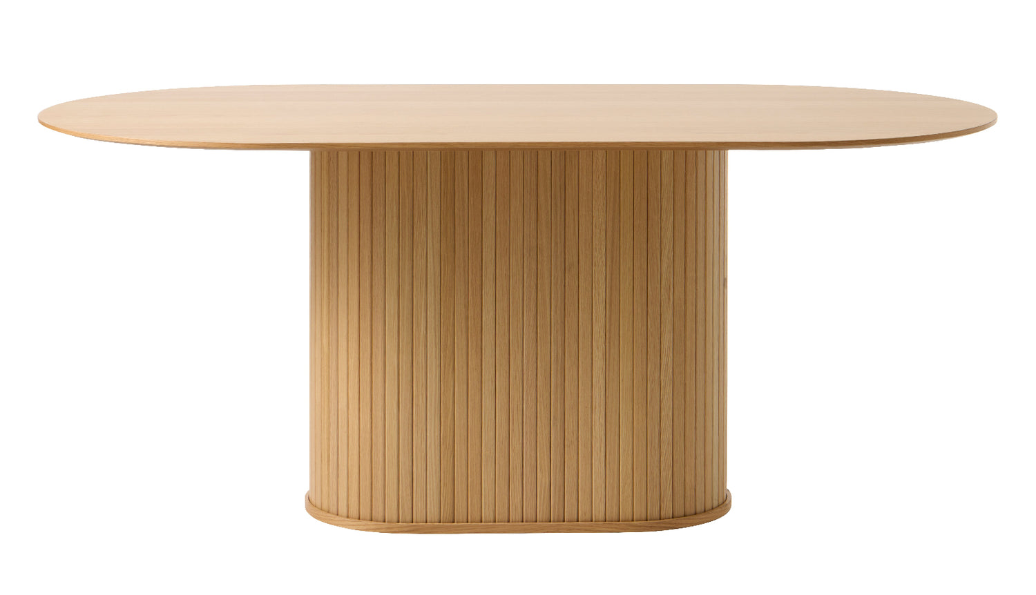 Nola-ruokapöytä, luonnonvärinen tammi. Ruokapöydässä on jykevä jalka, johon panelointi on tuomassa ilmettä.