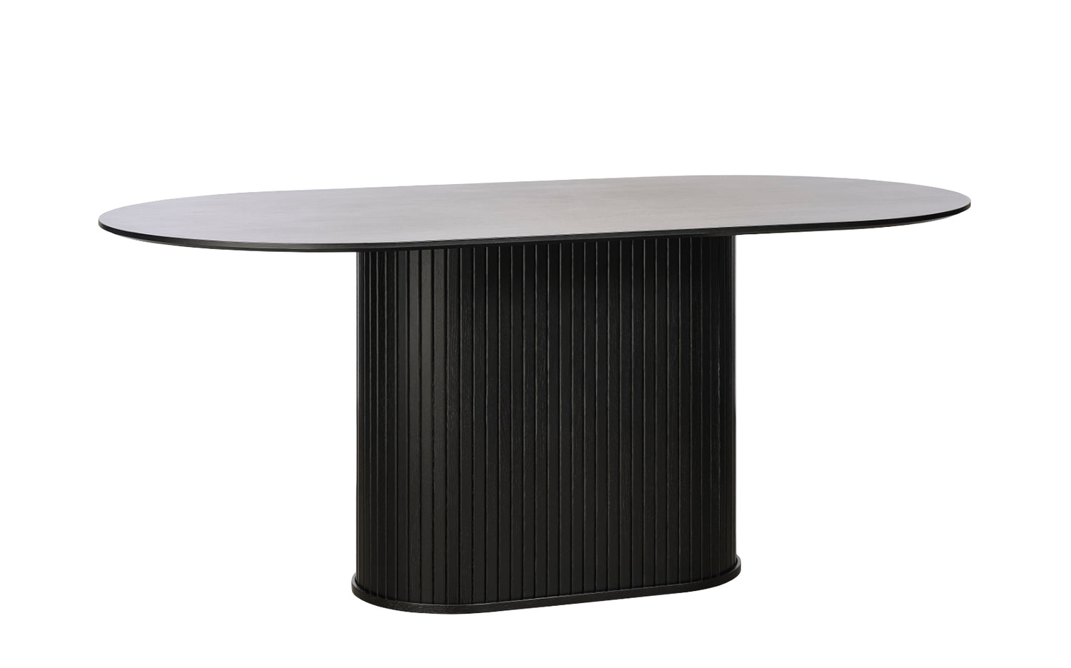 Nola-ruokapöytä, musta. Ruokapöydässä on jykevä jalka, johon panelointi on tuomassa ilmettä.