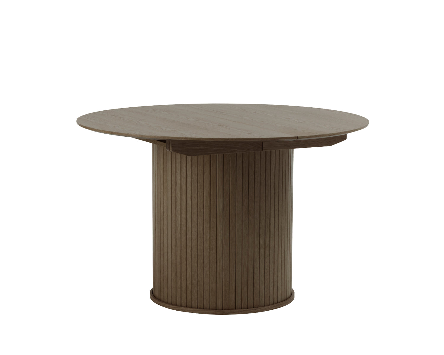 Savutammenvärinen jatkettava Nola-ruokapöytä - pöytälevyn halkaisija 120 cm voidaan jatkaa 167 cm:n pöydän keskeltä saatavilla olevilla jatkoilla.