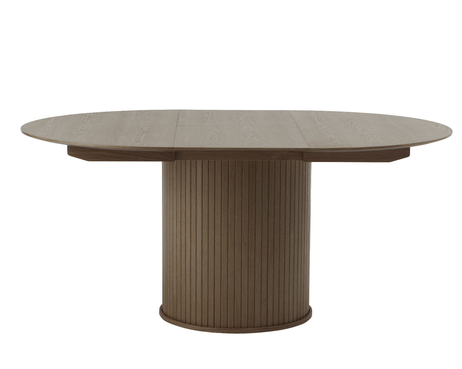 Savutammenvärinen jatkettava Nola-ruokapöytä jatkettuna pöytälevyn 167 cm:n pöydän keskeltä saatavilla jatkoilla.