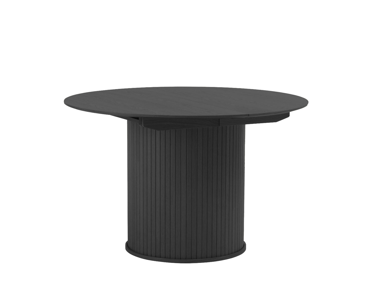 Musta jatkettava Nola-ruokapöytä - pöytälevyn halkaisija 120 cm voidaan jatkaa 167 cm:n pöydän keskeltä saatavilla olevilla jatkoilla.