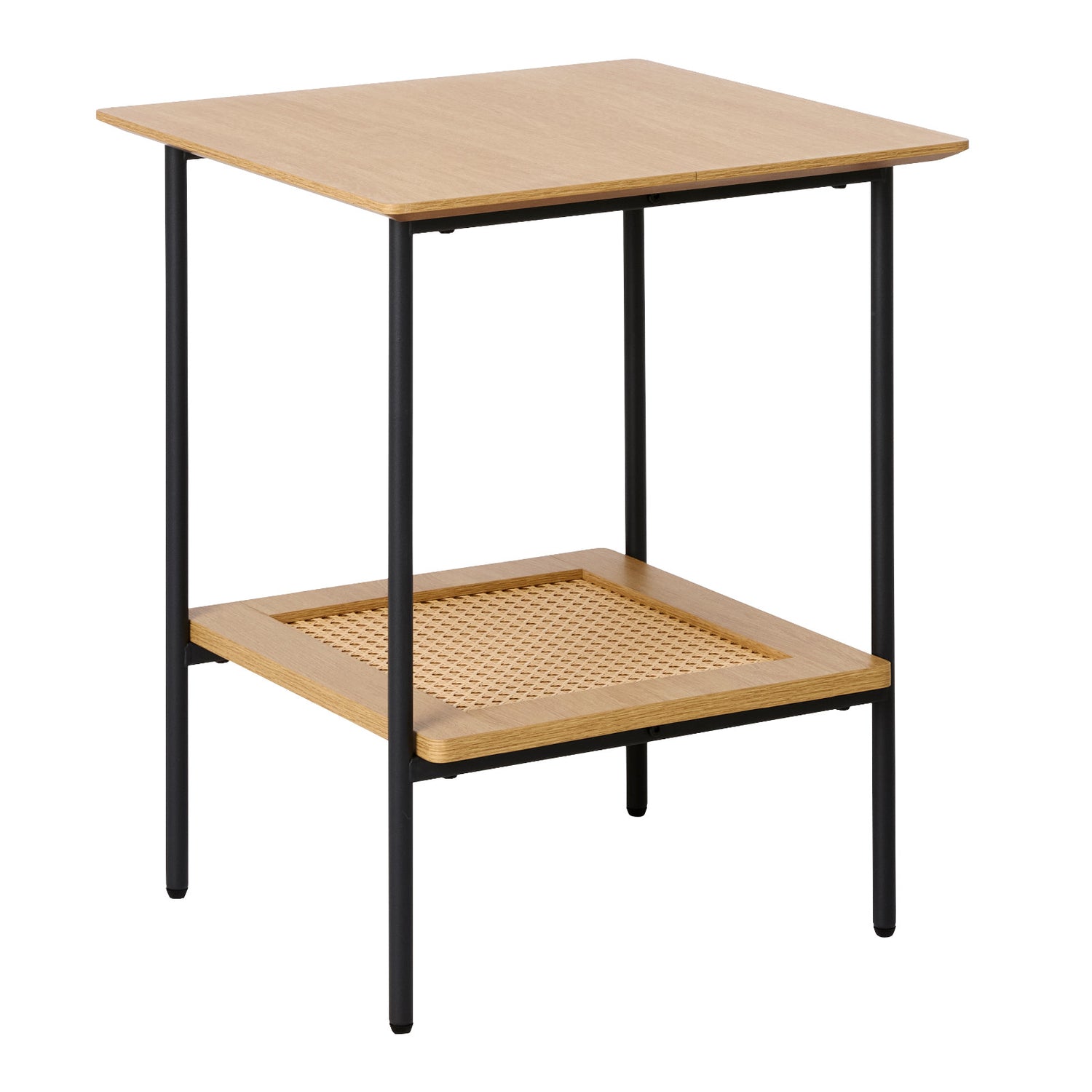 Pensacola-sivupöytä, luonnonvärinen tammi. Sivutason alahyllyssä on koristeena polyrottinki.