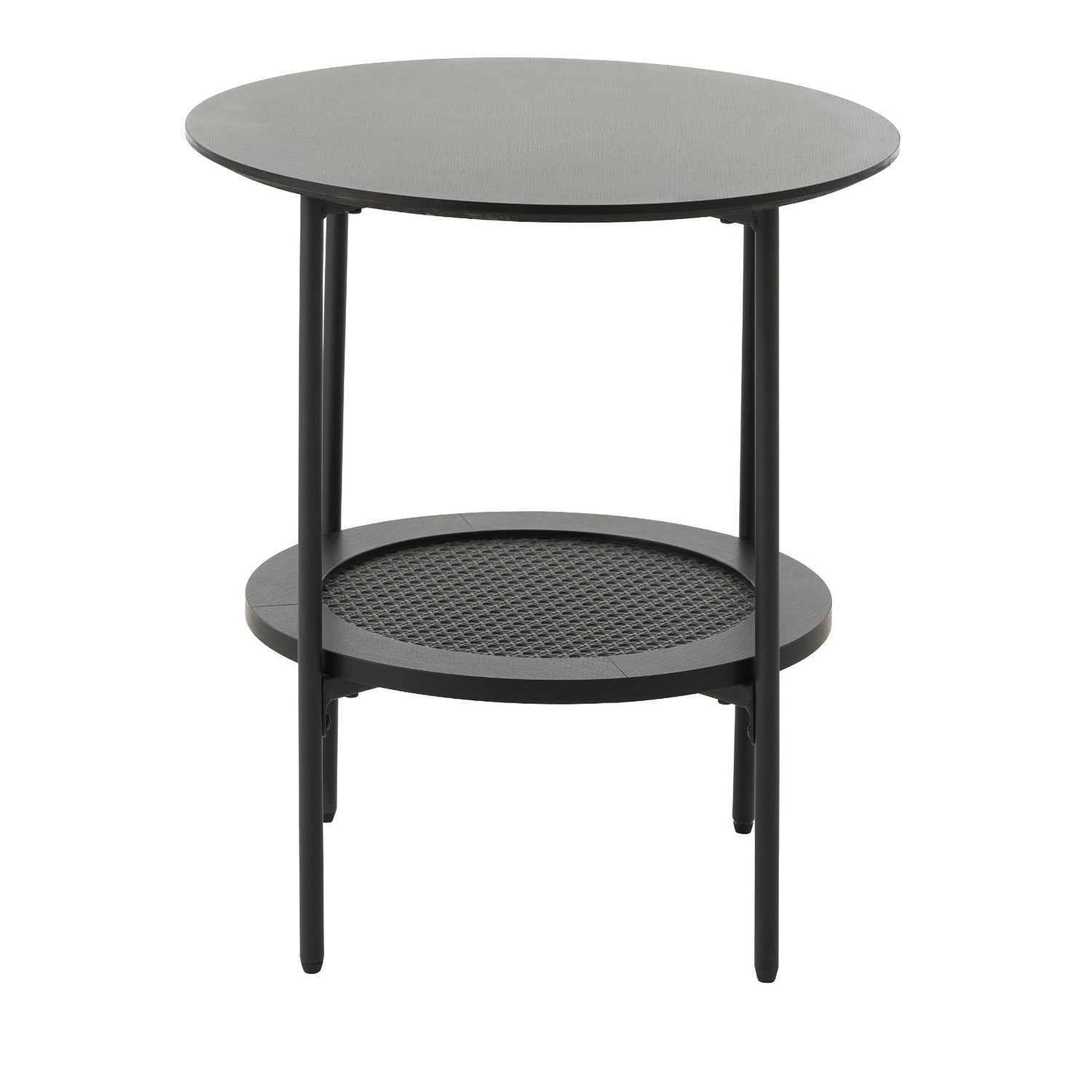 Pensacola-sivupöytä pyöreä, kokomusta. Sivutason alahyllyssä on koristeena polyrottinki.