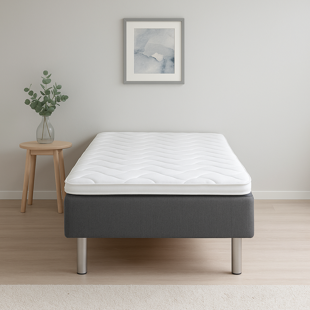 Aalto-runkopatjapakettiin sisältyvät profiloitu sijauspatja ja metallijalat. Stailattu visualisointi.