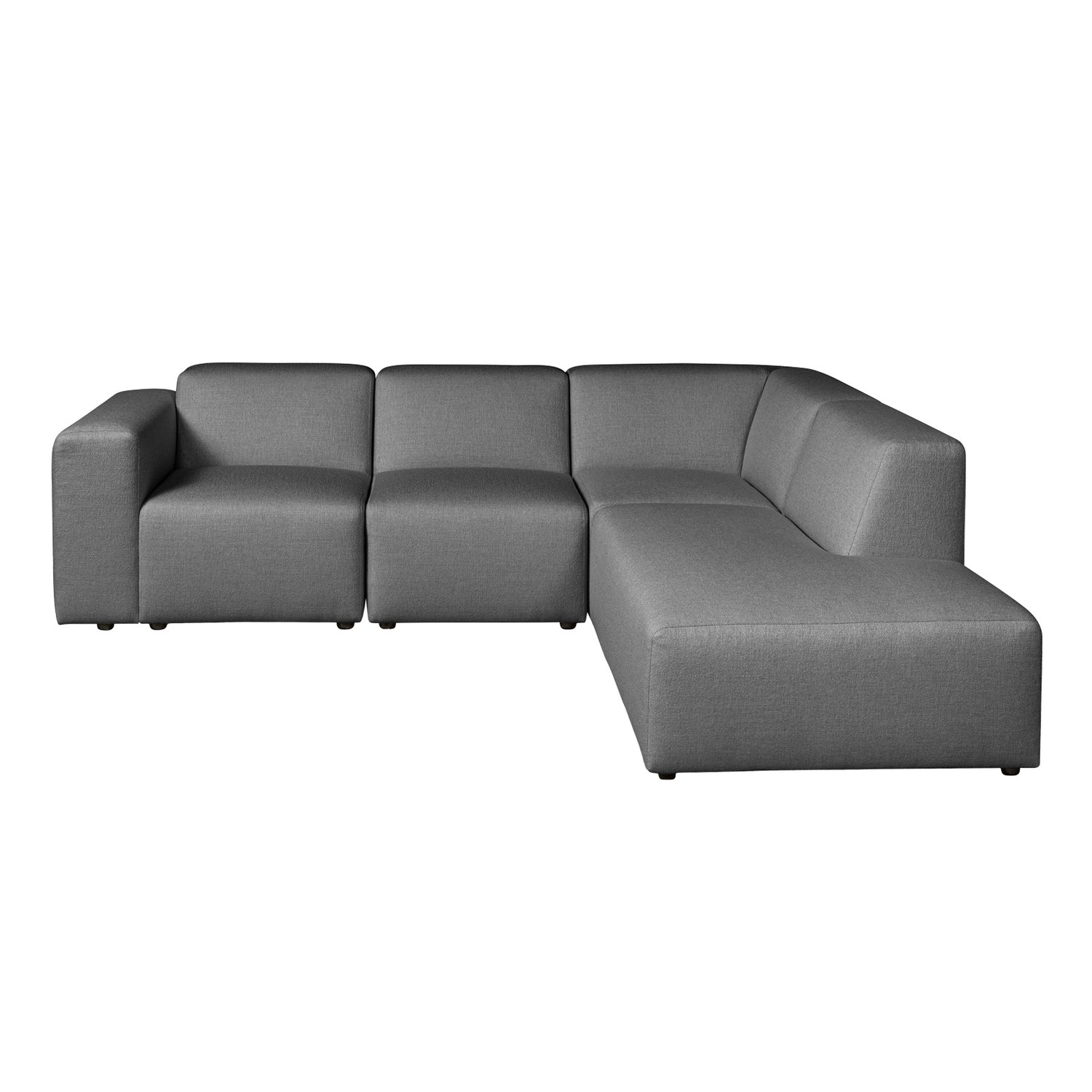 Harmaa Alma-kulmadivaanisohva kangasverhoiltuna Minco 16 -kankaalla. Kuvan kulmadivaanisohvassa on oikeanpuoleinen divaani ja mustat muovijalat.