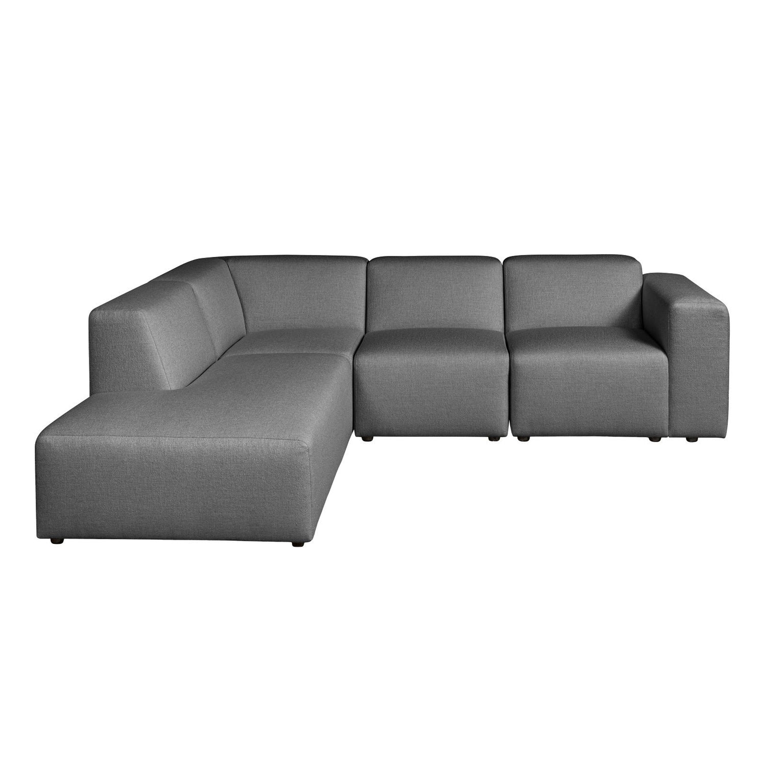 Harmaa Alma-kulmadivaanisohva kangasverhoiltuna Minco 16 -kankaalla. Kuvan kulmadivaanisohvassa on vasemmanpuoleinen divaani ja mustat muovijalat.