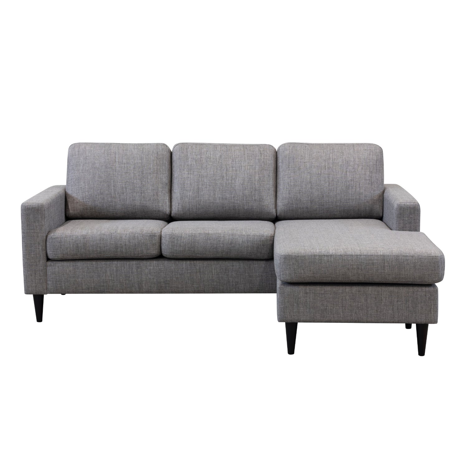 Ancona L 3FS -divaanisohva koottuna oikeanpuoleisella divaanilla (divaani käännettävissä). Sohva on verhoiltu harmaanruskealla Tuuru Basic 489 -kankaalla ja siinä on mustat puujalat.