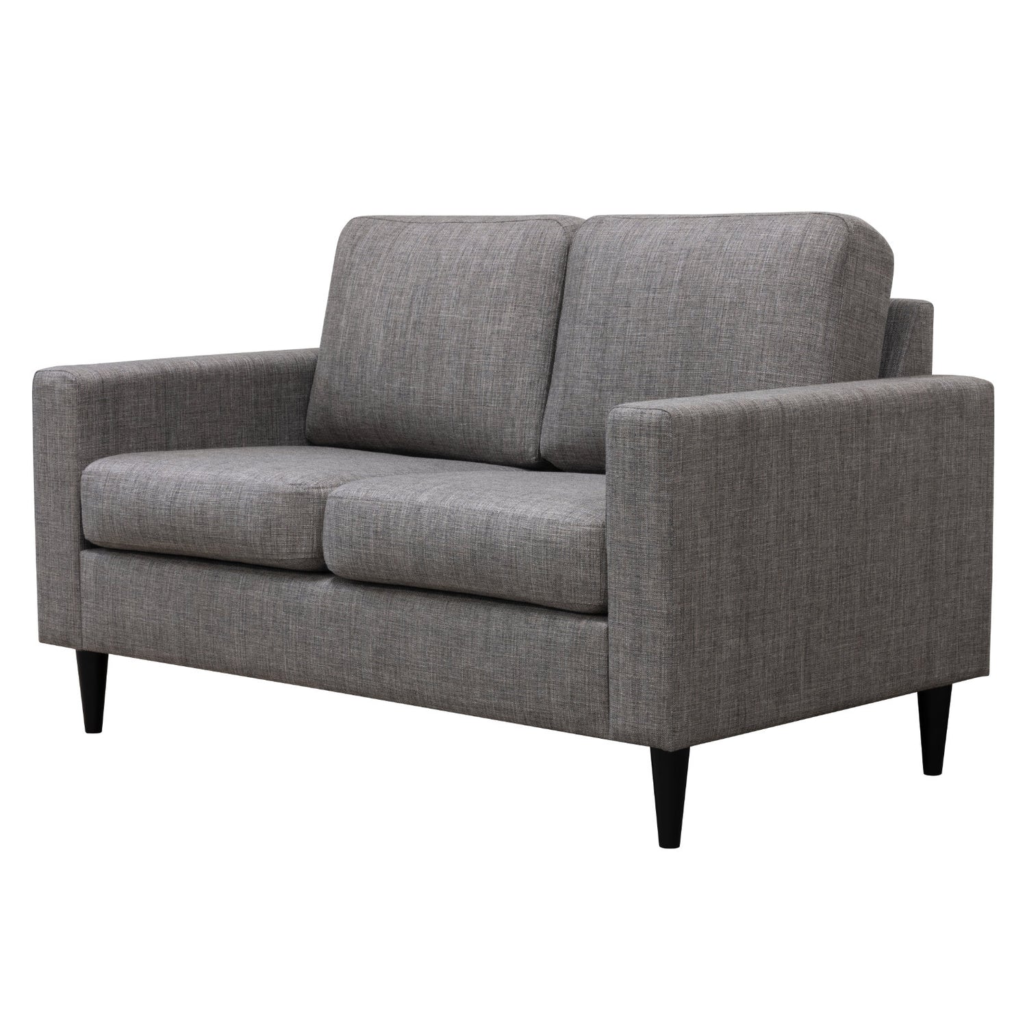 Ancona L 2-istuttava sohva harmaanruskealla Tuuru Basic 489 -kankaalla sekä mustilla puujaloilla.
