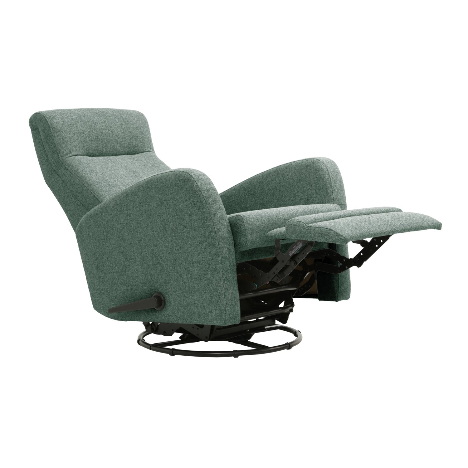Anton-mekanismituoli vihreällä Oasis 09 -kangasverhoilulla. Kuvassa recliner-tuolin mekanismi on aukaistu sivussa olevalla kahvalla. Tuolissa on myös pyörintä- ja keinuntaominaisuus.