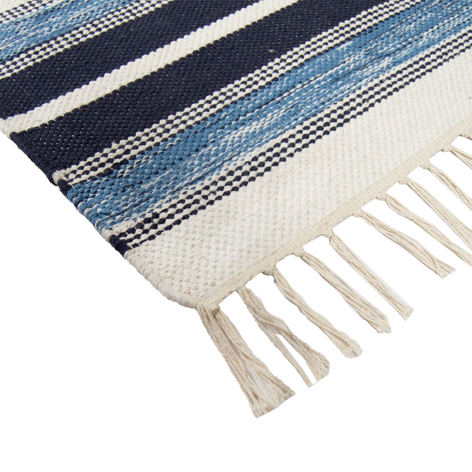 Lähikuvassa Arne-puuvillamatto, sininen kuosi.