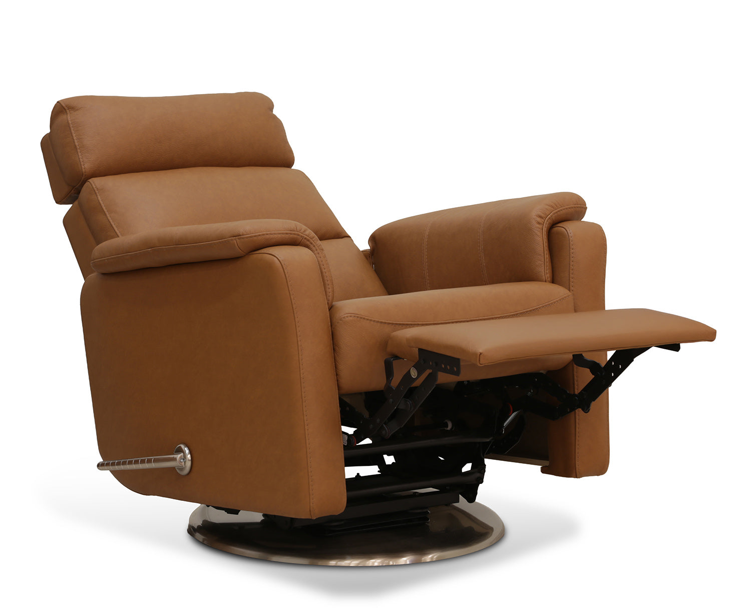 Ruskean Atlanta-recliner-tuolin verhoiluna on Labrador 03 -nahka/keinonahka. Ergo-niskatuki ja rosterinvärinen mekanismin kahva ja jalka. Kahvasta tuolin selkänoja kallistuu ja integroitu jalkarahi nousee.