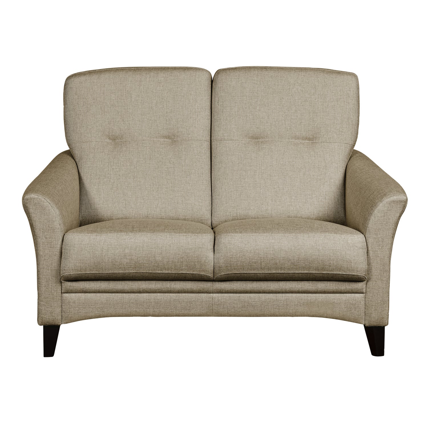 2-istuttava Aura-sohva beigellä Sundsvall 16 -kankaalla ja wengen värisillä puujaloilla.