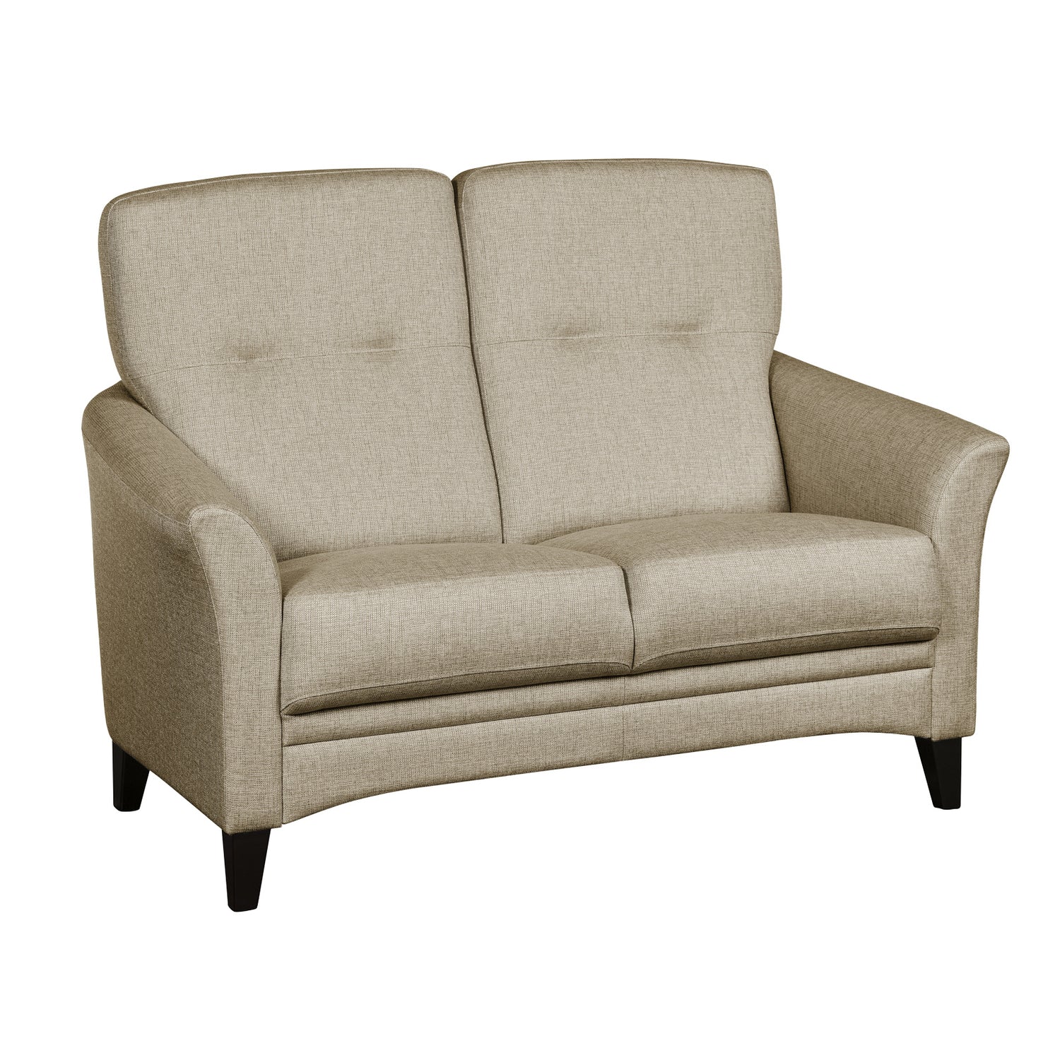 2-istuttava Aura-sohva beigellä Sundsvall 16 -kankaalla ja wengen värisillä puujaloilla.