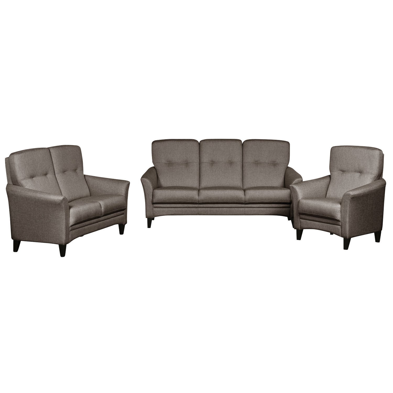 Aura-lepotuoli on ympäriverhoiltu olohuoneen sydän niin yksin, kuin osana kaunista sohvakalustoa. Kuvan 2- ja 3 hengen sohvat myydään erikseen.