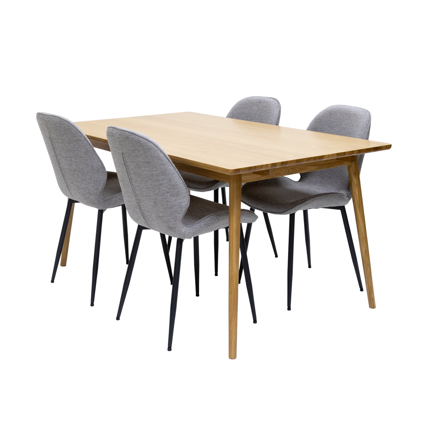 Barrali-ruokapöytä, luonnovärinen tammi - yhdistettynä harmaisiin kangasverhoiltuihin Cordova-tuoleihin.