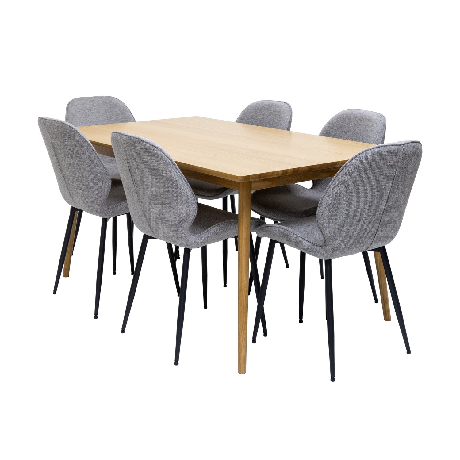 Kuvassa on Barrali-ruokapöytä 150 x 90 cm, luonnovärinen tammi - yhdistettynä harmaisiin erikseen myytäviin kangasverhoiltuihin Cordova-tuoleihin.